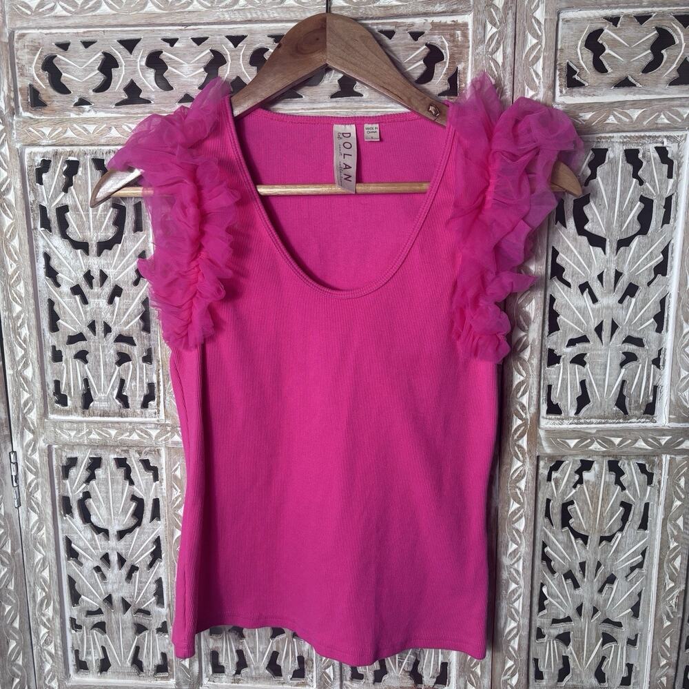 Anthropologie Dolan Hot Pink Tulle Sleeve Ribbed Knit Top SZ S Balletcore Fairy